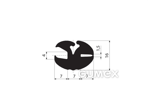 Gumový profil do okien dopravných prostriedkov, 16x21/4/1,5mm, odporúčaný klinok 00598001, 70°ShA, EPDM, -40°C/+100°C, čierny